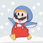  1boy animal_costume blush_stickers brown_hair chibi chibi_only commentary_request facial_hair full_body grey_background highres male_focus mario mario_(series) mustache neko_oudon new_super_mario_bros._wii overalls penguin_costume penguin_mario red_overalls solo 