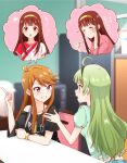  2girls ahoge black_shirt brown_hair chair commentary_request green_hair green_shirt grin idolmaster idolmaster_million_live! index_finger_raised indoors kisaragi_ichigo long_hair looking_at_another multiple_girls on_chair purple_eyes shimabara_elena shirt short_sleeves sitting smile speech_bubble tanaka_kotoha tokoro_megumi tristar_vision_(idolmaster) 