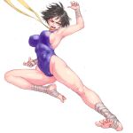  1girl armpits bandaged_arm bandaged_feet bandaged_hands bandages bare_legs breasts brown_eyes cameltoe choker covered_navel covered_nipples fingernails flying_kick frown full_body grey_hair hand_up highleg highleg_leotard kicking large_breasts leotard makoto_(street_fighter) neck_ribbon open_mouth purple_leotard ribbon shu-mai sideboob simple_background solo stirrup_legwear street_fighter street_fighter_iii_(series) sweat toeless_legwear toenails v-shaped_eyebrows white_background yellow_choker 