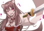  1girl :d absurdres animal_ear_fluff animal_ears blunt_bangs breasts brown_hair chinese_commentary clip_studio_paint_(medium) commentary_request double-parted_bangs english_commentary hair_between_eyes hair_tubes highres holding holding_sword holding_weapon japanese_clothes katana kimono kurama1229 long_hair long_sleeves looking_at_viewer medium_breasts mixed-language_commentary open_mouth outstretched_arm pink_eyes raccoon_ears raccoon_girl raphtalia red_ribbon red_sash ribbon ribbon-trimmed_sleeves ribbon_trim sash simple_background smile solo straight_hair sword tanuki tate_no_yuusha_no_nariagari upper_body vassal_katana_(beginner's_katana)_(tate_no_yuusha_no_nariagari) vassal_katana_(tate_no_yuusha_no_nariagari) weapon white_background white_kimono wide_sleeves 