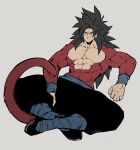  1boy abs absurdres bara black_eyes black_hair body_fur character_request check_character crossed_legs dragon_ball dragon_ball_gt full_body highres large_pectorals long_hair male_focus monkey_tail muscular muscular_male no_nipples red_fur shirtless simple_background smirk son_goku spiked_hair super_saiyan super_saiyan_4 tail torawar veins 