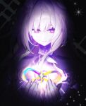  1girl amphoreus_(honkai:_star_rail) bare_shoulders bishie_sparkle black_background breasts closed_mouth commentary cyrene_(demiurge)_(honkai:_star_rail) cyrene_(honkai:_star_rail) detached_sleeves diamond-shaped_pupils diamond_(shape) dress earrings eyelashes fingernails floating_hair flower hair_between_eyes hair_flower hair_ornament hair_ribbon hands_up highres honkai:_star_rail honkai_(series) infinity_symbol jewelry large_breasts long_fingernails long_hair looking_at_object looking_down nail_polish nemuri0w0 pink_eyes pink_hair pink_nails planet_earrings pointy_ears purple_flower purple_pupils purple_rose ribbon rose short_sleeves sidelocks single_earring smile solo sparkle_background star_(sky) symbol-shaped_pupils upper_body very_long_hair white_dress white_flower white_hair white_ribbon white_rose white_sleeves 