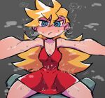  1boy 1girl :/ ^^^ blonde_hair blue_eyes blush bright_pupils closed_mouth commentary dress frown hair_between_eyes hair_flaps heart highres implied_sex looking_at_viewer no_bra nose_blush panty_&amp;_stocking_with_garterbelt panty_(psg) pov_crotch rariatto_(ganguri) reaching_out red_dress solo_focus steaming_body straddling white_pupils 