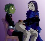  1boy 1girl 2017 ass beast_boy_(dc) blush breasts colored_skin dc_comics dry_humping green_eyes green_hair green_skin highres huge_ass humping lap_dance large_breasts leotard looking_at_another pale_skin purple_eyes purple_hair raven_(dc) ravenravenraven short_hair sitting sitting_on_lap sitting_on_person surprised teasing teen_titans thick_thighs thighs 