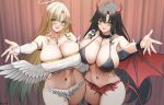  2girls :d angel angel_wings arm_around_another's_waist bare_shoulders black_hair blonde_hair blush breasts bridal_gauntlets cleavage collarbone commentary commission dark_persona demon_girl demon_horns demon_wings dual_persona english_commentary fn-49_(girls'_frontline) girls'_frontline green_eyes halo highres horns huge_breasts jewelry keenh long_hair looking_at_viewer multiple_girls navel necklace open_mouth panties parted_bangs red_panties sideboob smile stomach underwear white_bridal_gauntlets white_panties white_wings wings 
