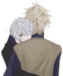  2boys alternate_costume antenna_hair black_hoodie blonde_hair brown_sweater_vest covered_mouth dual_persona empty_eyes eyepatch from_behind grey_eyes grey_hair hair_between_eyes half-closed_eye highres honkai:_star_rail honkai_(series) hood hoodie https343 hug long_sleeves looking_afar male_focus medical_eyepatch multiple_boys pale_skin phainon_(flame_reaver)_(honkai:_star_rail) phainon_(honkai:_star_rail) phainon_(khaslana)_(honkai:_star_rail) purple_shirt selfcest shirt short_hair simple_background squeans sweater_vest upper_body white_background yaoi 