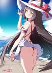  1girl absurdres animal_ears ass azur_lane bare_shoulders bikini blue_sky blush breasts brown_hair commentary_request day fox_ears hat highres long_sleeves looking_at_viewer looking_back nagato_(azur_lane) ocean outdoors red_bikini side-tie_bikini_bottom sky small_breasts solo swimsuit thong thong_bikini umyonge_(lkakeu) white_hat yellow_eyes 