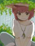  1boy androgynous blue_background blush collarbone denim english_text foliage grin hat heart jeans jewelry kenshi_(tegaki_68429) leaf looking_at_viewer marui_bunta medium_hair necklace oekaki oversized_clothes oversized_shirt pants red_hair shirt sitting smile solo striped_background summer sun_hat teeth tegaki tennis_no_ouji-sama undershirt_peek vertical-striped_background white_shirt 