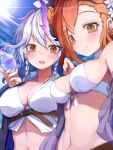  2girls bangs bare_shoulders blue_hair blush braid breasts cleavage collarbone eyeshadow granblue_fantasy hands highres large_breasts looking_at_viewer makeup medium_hair multicolored_hair multiple_girls open_mouth rai_(sakuranbo_sugar) red_hair short_hair silva_(granblue_fantasy) smile song_(granblue_fantasy) stomach 