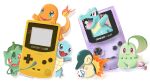 black_eyes blue_eyes blue_skin bulbasaur charmander chikorita claws closed_eyes colored_skin commentary_request crocodilian cyndaquil egg fangs fire flame-tipped_tail game_boy game_boy_color green_skin handheld_game_console highres leaf leaf_on_head love_ball no_humans nostrils open_mouth orange_skin plant pocketekcop poke_ball pokemon pokemon_(creature) red_eyes sitting squirtle starter_pokemon_trio tail togepi_egg totodile vines white_background 