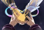  1boy 1girl 70_70000 amphoreus_(honkai:_star_rail) black_gloves black_jacket coat cyrene_(honkai:_star_rail) cyrene_(philia093)_(honkai:_star_rail) fingerless_gloves fingernails gloves hand_focus highres holding_hands honkai:_star_rail honkai_(series) infinity_symbol jacket long_sleeves phainon_(honkai:_star_rail) single_glove space star_(sky) starry_sky_background white_coat wide_sleeves 