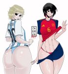  abs ass black_eyes black_hair blonde_hair blue_shorts breasts commentary earrings english_commentary highres huge_ass jewelry kagari_hiyuki kagurabachi panties red_panties short_hair shorts small_breasts soccer_uniform sportswear tongue tongue_out toto_(kagurabachi) underwear z4gre0 