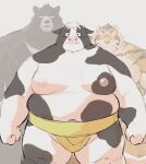  2021 anthro belly black_body bovid bovine cattle felid group hi_res humanoid_hands kemono male mammal moobs navel nipples overweight overweight_male pantherine sessa sumo tiger ursid white_body 