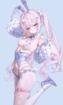  1girl abpart ahoge animal_ear_hairband animal_ears animal_on_shoulder argyle_clothes argyle_pantyhose blue_background blue_bow blue_bowtie blue_shoes bow bowtie breasts commentary_request detached_sleeves english_commentary fake_animal_ears hair_ornament hairband heart heart_ahoge heart_hair_ornament high_heels highres leg_up looking_at_viewer mixed-language_commentary navel original pantyhose pink_bow pink_hair playboy_bunny pointy_ears purple_eyes rabbit rabbit_ear_hairband rabbit_ears rabbit_on_shoulder sayume_(abpart) shoes simple_background small_breasts solo standing standing_on_one_leg thigh_bow twintails white_pantyhose 