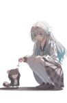  2girls absurdres animal_ears aqua_hair black_shoes bow bowtie bu_bai_(wres2744) chinese_commentary commentary_request firefly_(honkai:_star_rail) firefly_(spring_missive)_(honkai:_star_rail) full_body gradient_eyes gradient_hair green_bow grey_hair hair_ornament hairband highres honkai:_star_rail honkai_(series) long_hair long_sleeves looking_at_another multicolored_eyes multicolored_hair multiple_girls official_alternate_costume plaid_bow plaid_bowtie plaid_clothes raccoon_ears sailor_collar shadow shirt shoes simple_background skirt smile squatting stelle_(honkai:_star_rail) thighhighs trailblazer_(honkai:_star_rail) white_background white_shirt white_thighhighs 