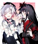  2girls :d absurdres animal_ears armband beret black_choker black_coat black_hair black_hat black_shirt cat_ears character_doll choker closed_eyes coat collared_shirt doll drawn_ears gradient_hair hair_ornament hat highres holding holding_doll long_hair mahou_shoujo_no_majo_saiban merc4ury0 multicolored_hair multiple_girls neck_ribbon necktie nikaido_hiro open_mouth pink_hair red_armband red_eyes red_necktie red_skirt ribbon sakuraba_ema shirt short_hair shorts skirt smile white_hair white_ribbon white_shirt white_shorts x_hair_ornament 
