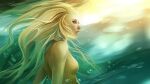  1girl air_bubble blonde_hair bubble commentary english_commentary fish long_hair nude nymph orange_eyes original photoshop_(medium) sandara solo underwater 