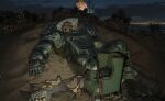  absurdres animal_eat_animal armchair ashtray billboard bottle bottle_cap cactus chair cigarette city_lights cloud cloudy_sky commentary corpse desert english_commentary fallout fallout:_new_vegas flower helmet highres night outdoors photoshop_(medium) pill pill_bottle pillow power_armor_(fallout) power_lines sand skull sky soda_bottle star_(symbol) sunset_sarsaparilla trash utility_pole white_flower 