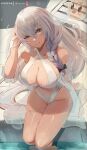  1girl absurdres artist_name azur_lane bangs bare_shoulders blush bow braid breasts cleavage criss-cross_halter eyebrows_visible_through_hair hair_between_eyes hair_bow halterneck hermione_(azur_lane) hermione_(pure_white_holiday)_(azur_lane) highres large_breasts long_hair looking_at_viewer miraihikariart navel official_alternate_costume one-piece_swimsuit sitting solo swimsuit thighs very_long_hair white_hair white_swimsuit yellow_eyes 