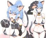  1girl alternate_costume animal_ears are_(arearee) ass_visible_through_thighs bangs bikini blue_eyes blue_hair breasts bukkake cat_ears cat_paws cat_tail commentary_request cum cum_in_mouth cum_on_body cum_on_breasts cum_on_clothes cum_on_hair eyebrows_visible_through_hair facial gloves huge_breasts kemonomimi_mode leona_heidern metal_slug metal_slug_attack micro_bikini multiple_views open_mouth paw_gloves paws pet_play ponytail salute snk snk_heroines:_tag_team_frenzy standing swimsuit tail the_king_of_fighters tongue tongue_out 