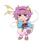 1girl :3 black_hairband chibi chibi_only closed_mouth collared_shirt commentary disembodied_linked_eye floral_print frilled_shirt_collar frilled_sleeves frills full_body hair_ornament hairband heart heart_hair_ornament highres komeiji_satori lightning_bolt_symbol long_sleeves pink_hair pink_skirt pink_slippers red_eyes rose_print shirt short_hair simple_background skirt slippers smug socks solo starjinxin touhou v-shaped_eyebrows white_background white_socks 
