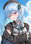  1girl :d beret black_hat blue_eyes blue_hair blue_sky blush bow bowtie cloud collared_shirt commentary day eyelashes floral_print green_bow green_bowtie green_ribbon hair_between_eyes hair_ornament hair_ribbon hat highres hololive hoshimachi_suisei hoshimachi_suisei_(casual) long_hair looking_at_viewer mahoro_(minase_mahoro) open_mouth outdoors print_sleeves ribbon rose_print shirt short_hair short_sleeves sidelocks sky smile solo star_(symbol) star_hair_ornament tsurime upper_body virtual_youtuber 
