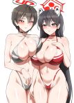  2girls absurdres alternate_costume alternate_hairstyle animal_ears bikini black_bikini black_hair blue_archive blue_eyes breast_press breasts cleavage collarbone commentary hair_between_eyes hair_length_switch halo hand_on_own_chest highres huge_breasts long_hair looking_at_viewer multiple_girls navel panzaa raccoon_ears raccoon_girl red_bikini red_eyes red_halo revision rio_(blue_archive) short_hair simple_background stomach swimsuit thighs tsubaki_(blue_archive) very_long_hair white_background 