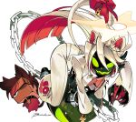  1girl all_fours animal_ears ankh ankh_necklace ankh_print artist_name ball_and_chain_(weapon) ball_and_chain_restraint bell bell-bottoms black_gloves black_mask black_shoes blunt_ends bodysuit borcheim bow breasts breasts_apart cat_ears cat_girl cat_tail chain collared_bodysuit colored_inner_hair commentary dorpos english_commentary fingernails floating_hair front_slit gloves glowing_mouth guilty_gear guilty_gear_strive halo jack-o'_valentine jewelry jingle_bell long_fingernails long_hair long_sleeves mask medium_breasts multicolored_gloves multicolored_hair necklace pants pendant plunging_neckline pumpkin_mask red_bow red_gloves red_hair sharp_fingernails shoes signature simple_background sol_badguy solo spiked_halo tail tail_bell tail_bow tail_ornament two-sided_gloves two-tone_gloves two-tone_hair unconventional_jack-o'-lantern very_long_hair weapon white_background white_bodysuit white_hair 