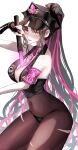  1girl armband bare_shoulders baton_(weapon) between_breasts black_gloves black_hair black_hat black_panties black_vest bodystocking breasts chaldea_logo cleavage commentary cowboy_shot earrings facial_mark fate/grand_order fate_(series) fingerless_gloves forehead_mark glint gloves glowing hat high_ponytail highres holding holding_baton_(weapon) holding_weapon jewelry large_breasts long_hair looking_at_viewer mi_tatchi90785 multicolored_hair necktie panties parted_lips peaked_cap pink_armband pink_nails pink_necktie pink_streaks ponytail sessyoin_kiara sessyoin_kiara_(swimsuit_mooncancer)_(second_ascension) simple_background solo streaked_hair sweat teeth torn_bodystocking torn_clothes traffic_baton underwear upper_teeth_only very_long_hair vest weapon white_background yellow_eyes 