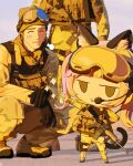  1girl 2boys :3 animal_ears assault_rifle beanie black_eyes black_gloves bulletproof_vest camouflage cat_ears cat_girl cat_tail closed_eyes desert_camouflage foregrip gloves goggles goggles_on_head gun hat holster kok_kok_kio light_blush load-bearing_vest m4_carbine microphone multiple_boys original pink_hair rifle sky sparkle squatting tail twintails vertical_foregrip weapon white_sky 