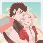  1boy 1girl aerith_gainsborough armor black_gloves black_hair blue_eyes blush braid braided_ponytail breasts choker chrl-sfc cleavage closed_mouth collarbone commentary_request couple cropped_jacket dress final_fantasy final_fantasy_vii final_fantasy_vii_remake floral_background flower gloves green_eyes hair_slicked_back heads_together hetero highres hug hug_from_behind jacket lily_(flower) long_hair one_eye_closed open_clothes open_jacket outside_border parted_bangs parted_lips red_jacket short_hair shoulder_armor sleeveless sleeveless_turtleneck small_breasts smile spiked_hair suspenders sweater turtleneck turtleneck_sweater upper_body yellow_flower zack_fair 