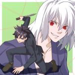  2boys black_hair black_jacket black_pants blue_eyes brown_shoes buttons commentary_request evil_grin evil_smile fighting_stance floating_hair folding_knife gakuran grin hirakawa holding holding_knife jacket japanese_clothes kimono knife looking_at_another male_focus medium_hair messy_hair multiple_boys mystic_eyes_of_death_perception nanatsu-yoru on_one_knee pale_skin pants red_eyes reverse_grip school_uniform shoes short_hair smile switchblade tohno_shiki tohno_shiki_(original) tsukihime white_hair 