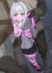  1girl 2boys absurdres ahoge arms_behind_back bdsm blue_eyes bondage boots bound bound_ankles bound_wrists breasts cailin020 commentary_request crossed_wrists elaina_(majo_no_tabitabi) frilled_skirt frills gag gagged grey_hair high_heel_boots high_heels highres long_hair looking_at_viewer lying majo_no_tabitabi multiple_boys on_side open_mouth pleated_skirt restrained shibari shibari_over_clothes shirt skirt solo teeth thighs very_long_hair white_shirt 