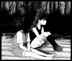  2boys barefoot basil_(headspace)_(omori) basil_(omori) blood closed_mouth commentary decapitation english_commentary greyscale guro kneehighs knees_up magiaigam male_focus monochrome multiple_boys omori omori_(omori) overall_shorts overalls raft shirt short_hair short_sleeves shorts sitting socks spoilers striped_clothes striped_shorts t-shirt tank_top vertical-striped_clothes vertical-striped_shorts 