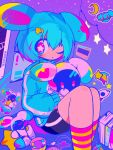  1boy astronaut blue_eyes blue_hair blue_track_suit book carrot commentary crescent_moon hair_ornament helmet highres holding holding_stuffed_toy jacket mikiwo_eko53 moon one_eye_closed original pink_eyes purple_background rabbit_boy shooting_star short_hair space_helmet star_(symbol) star_hair_ornament star_in_eye stuffed_animal stuffed_rabbit stuffed_toy symbol_in_eye track_jacket track_suit window_(computing) 