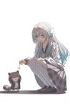  2girls absurdres animal_ears aqua_hair black_shoes bow bowtie bu_bai_(wres2744) chinese_commentary commentary_request firefly_(honkai:_star_rail) firefly_(spring_missive)_(honkai:_star_rail) full_body gradient_eyes gradient_hair green_bow grey_hair hair_ornament hairband highres honkai:_star_rail honkai_(series) long_hair long_sleeves looking_at_another multicolored_eyes multicolored_hair multiple_girls official_alternate_costume plaid_bow plaid_bowtie plaid_clothes raccoon_ears raccoon_girl raccoon_tail revision sailor_collar shadow shirt shoes simple_background skirt smile squatting stelle_(honkai:_star_rail) tail thighhighs trailblazer_(honkai:_star_rail) white_background white_shirt white_thighhighs 