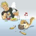  1boy animal beamed_eighth_notes black_shirt blonde_hair bowl chipmunk chopsticks commentary_request eating food grey_background holding holding_bowl holding_chopsticks kabiinyo_(kab) lowres male_focus meal musical_note original parted_lips pinecone plate rice rice_bowl shirt short_sleeves shrimp shrimp_tempura simple_background smile squirrel steam tempura 