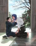  2boys barefoot black_hair black_jacket black_pants breath closed_mouth commentary_request day drying drying_another's_hair drying_hair facial_hair flower goatee_stubble golden_kamuy hat hauhaulnd highres hood hood_down jacket kneeling koito_otonoshin male_focus multiple_boys outdoors pants pink_flower shirt short_hair stubble tatami towel towel_on_head tsukishima_hajime unworn_hat unworn_headwear white_shirt winter 
