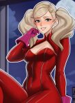  1girl blonde_hair blue_eyes blush bodysuit breasts catsuit cleavage commentary earrings full-length_zipper gloves highres jewelry latex latex_bodysuit long_hair looking_at_viewer medium_breasts open_mouth panther_(persona_5) persona persona_5 pink_gloves red_bodysuit smile solo takamaki_ann triomegis twintails zipper 