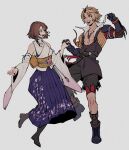  1boy 1girl act_(a_moso) blonde_hair bra_strap brown_hair detached_sleeves final_fantasy final_fantasy_x hakama hakama_skirt highres holding_hands japanese_clothes jewelry long_skirt looking_at_another necklace print_hakama simple_background skirt smile tidus wide_sleeves yuna_(ff10) 