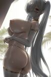  1girl ass breasts bridal_gauntlets choker cinderella_(nikke) commentary dutch_angle ear_piercing english_commentary from_behind g-string goddess_of_victory:_nikke hair_over_one_eye highleg highleg_panties highres huge_breasts long_hair looking_at_viewer looking_back mouth_veil nipples panties piercing red_eyes see-through_clothes see-through_veil solo string_panties thighhighs thong thong_panties topless_female underwear uzzy2801 veil very_long_hair white_hair 