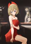  1girl absurdres bare_shoulders blonde_hair blue_eyes blurry blurry_background blush breasts closed_mouth collarbone commentary dated_commentary dress fingernails hairband highres irida_(pokemon) looking_at_viewer medium_hair mikan_(mikan_no_happa) pokemon pokemon_legends:_arceus red_dress red_hairband sitting small_breasts smile solo strapless strapless_dress 