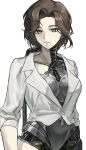 1girl absurdres android breasts brown_hair closed_mouth commentary_request highres joints kanichiwawa looking_at_viewer lucy_(reverse:1999) metal_skin mole mole_under_mouth reverse:1999 robot_girl robot_joints shirt short_hair solo upper_body white_background white_shirt yellow_eyes 