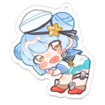  1girl bent_over black_ribbon blue_hair blue_sailor_collar brown_eyes chibi chibi_only dixie_cup_hat double_bun fang hair_bun haru-chan_(chan583938) hat hat_ribbon heart heart_in_mouth kantai_collection long_sleeves medal military_hat navy_cross neckerchief open_mouth ribbon rudder_footwear sailor_collar samuel_b._roberts_(kancolle) school_uniform serafuku short_hair signal_flag skin_fang thigh_strap white_hat 