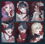  3boys 3girls alien_stage alternate_costume alzura_kyler apple apple_core aqua_eyes black_eyes black_hair black_veil blonde_hair brown_hair character_name choker colored_extremities commentary crown_of_thorns dark-skinned_female dark_skin english_commentary facial_mark flower food frilled_choker frills fruit gloves heart heart_facial_mark holding holding_food holding_fruit hyuna_(alien_stage) index_ring ivan_(alien_stage) jewelry long_hair luka_(alien_stage) mizi_(alien_stage) multicolored_hair multiple_boys multiple_girls multiple_rings pink_hair purple_eyes purple_hair red_choker red_gloves red_pupils ring rose short_hair sua_(alien_stage) teardrop_facial_mark thumb_ring till_(alien_stage) tongue two-tone_hair veil white_veil yellow_eyes 