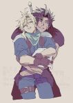  2boys armor black_gloves black_hair blonde_hair blue_eyes blue_pants brown_gloves cloud_strife commentary cowboy_shot crisis_core:_final_fantasy_vii cropped_legs final_fantasy final_fantasy_vii gloves green_scarf highres hug hug_from_behind looking_at_viewer male_focus multiple_boys pants parted_lips scar scar_on_cheek scar_on_face scarf shinra_infantry_uniform short_hair shoulder_armor simple_background spiked_hair sword sword_on_back thigh_strap weapon weapon_on_back zack_fair zc_furuya 
