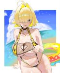  1girl ahoge black_choker blonde_hair blue_sky blush breasts choker cleavage clothing_cutout cloud commentary elegg_(boom_and_shock)_(nikke) elegg_(nikke) english_commentary game_controller_print goddess_of_victory:_nikke hair_intakes hair_over_eyes heart_cutout highres innertube large_breasts multicolored_hair nakatomi1860729 navel ocean official_alternate_costume open_mouth rabbit_choker rabbit_ornament ring_light_reflection see-through_clothes see-through_slingshot_swimsuit short_hair sky slingshot_swimsuit smile solo swim_ring swimsuit two-tone_slingshot_swimsuit water wet yellow_slingshot_swimsuit 
