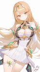  1girl absurdres blonde_hair breasts chest_jewel chinese_commentary cleavage_cutout clothing_cutout commentary_request dress gloves highres large_breasts long_hair looking_at_viewer mythra_(xenoblade) nyarnya simple_background solo thigh_strap thighs tiara very_long_hair white_background white_dress white_gloves xenoblade_chronicles_(series) xenoblade_chronicles_2 yellow_eyes 