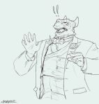  anthro big_penis bow_tie bulge clothed clothing erection erection_under_clothing formal_wear genital_growth genitals growth hi_res horn huge_penis humanoid_genitalia humanoid_penis hyper hyper_genitalia hyper_penis jacket male muscular muscular_anthro muscular_male papyreit penis penis_growth scalie solo suit topwear vest 