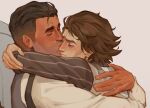  2boys arcane:_league_of_legends arcane_jayce arms_around_neck black_vest blush brown_hair closed_eyes commentary couple cropped english_commentary grey_shirt jayce_(league) kiss league_of_legends long_sleeves male_focus mebssann mole mole_under_eye multiple_boys parted_lips pinstripe_pattern pinstripe_shirt profile shirt short_hair smile undercut upper_body very_short_hair vest viktor_(arcane) viktor_(league) white_background white_shirt white_vest yaoi 